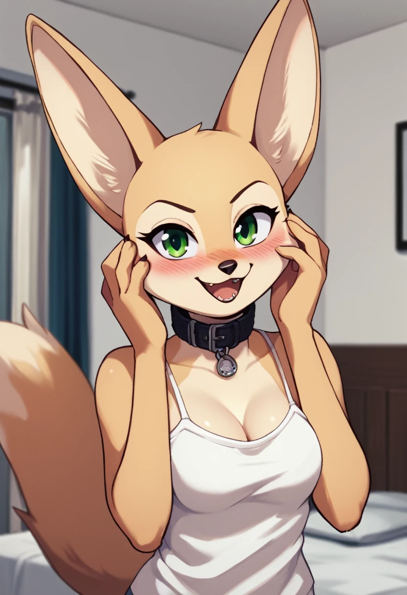 score_9, score_8_up, score_7_up, score_6_up, score_5_up, score_4_up, source_furry, by euf-dreamer, standing, indoors, bedroom, bed, upper body BREAK female, anthro, fennec, fox, tan fur, hand on own face, collar, white camisole,  medium breasts, smile, looking at viewer, green eyes, blush, open mouth  