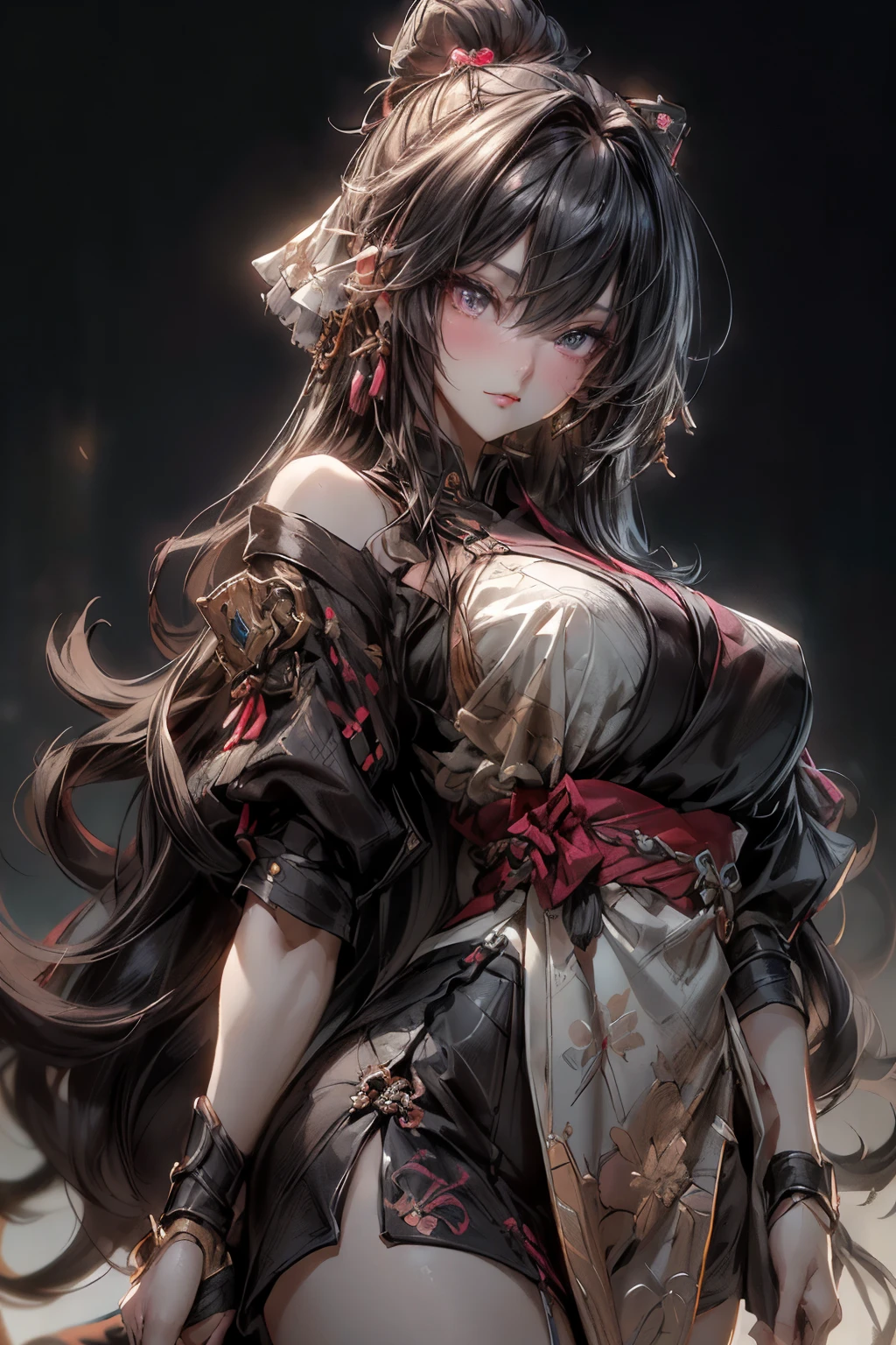 Highest quality, Ultra-high resolution, (Realistic: 1.4), Super beautiful, beautiful, Warrior, Japanese style Eyes that invite the viewer, Mistress's point of view, Attractive look, Sexy smile, Perfect Style, Perfect balance, Detailed skin full body shot, Mischievous Gaze, (Black Hair、ponytail:1.4), Droopy eyes、Japanese sword