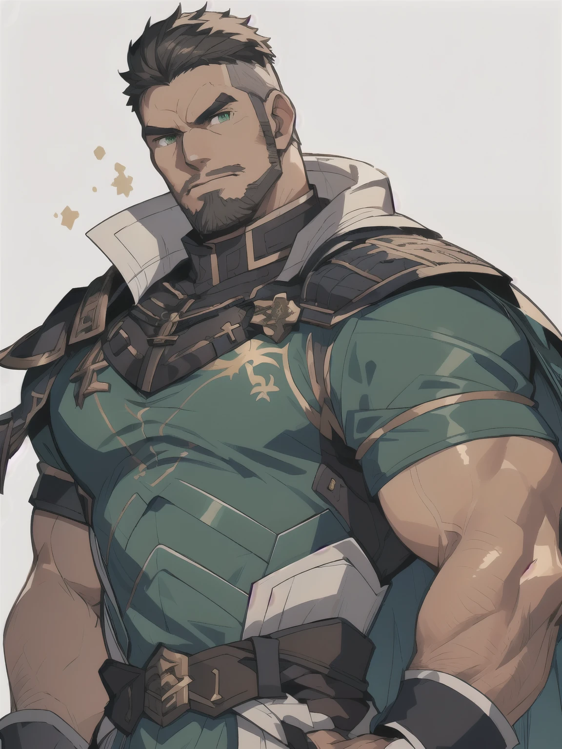 Masterpiece, Best Quality, Ultra-Detailed, 1man, solo, male, manly male, rugged, strong, bara, jock, stud, bear, short hair, black hair, black beard, green eyes, detailed eyes, very beautiful eyes, wide jaw, a close up of a person in a man with a cape over the shoulders, genshin impact character, ( ( character concept art ) ), gilded black uniform, short sleeves shirt, cyborg nobleman, best anime character design, official character art, casimir art, detailed full body concept art, picture of a male cleric, white background