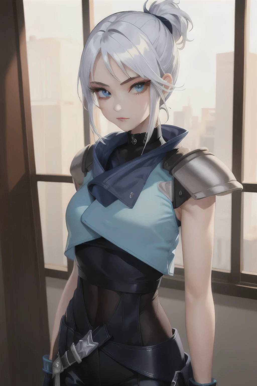 (masterpiece, best quality:1.2), intricate details, jett, 1girl, black gloves, shoulder pads, black pants, cropped sleeveless jacket, blue eyes, white hair