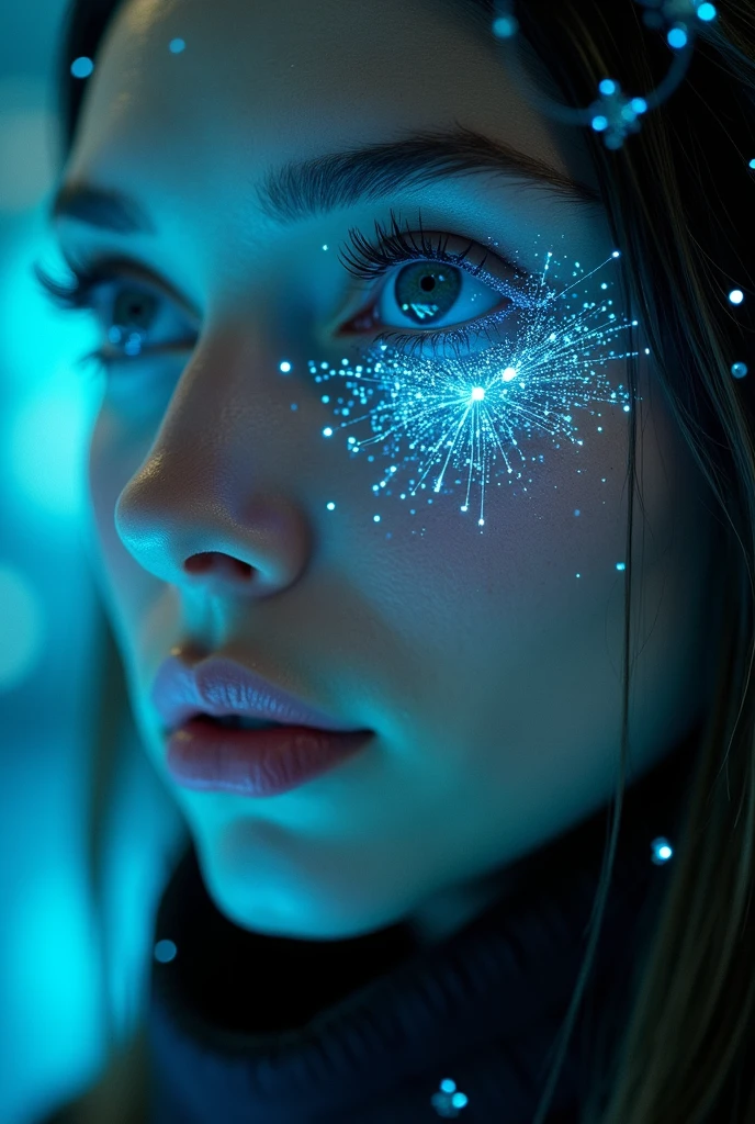 Close-up of woman's face, blond hair, ,green eyes, glowing blue holographic equations projected onto skin. Intense gaze, realistic features. Dark background, cyberpunk aesthetic. Luminous mathematical formulas, handwritten style. Futuristic, high-tech atmosphere. Photorealistic rendering, dramatic lighting, sharp contrast