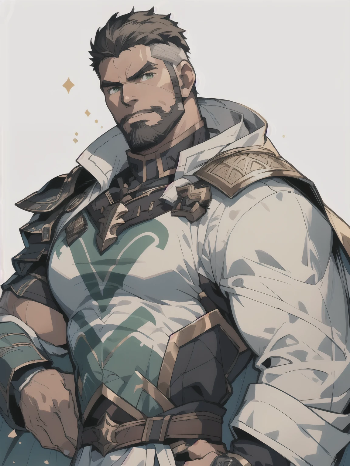 Masterpiece, Best Quality, Ultra-Detailed, 1man, solo, male, manly male, rugged, strong, bara, jock, stud, bear, short hair, black hair, black beard, green eyes, detailed eyes, very beautiful eyes, wide jaw, a close up of a person in a man with a cape over the shoulders, genshin impact character, ( ( character concept art ) ), gilded black uniform, short sleeves shirt, cyborg nobleman, best anime character design, official character art, casimir art, detailed full body concept art, picture of a male cleric, white background