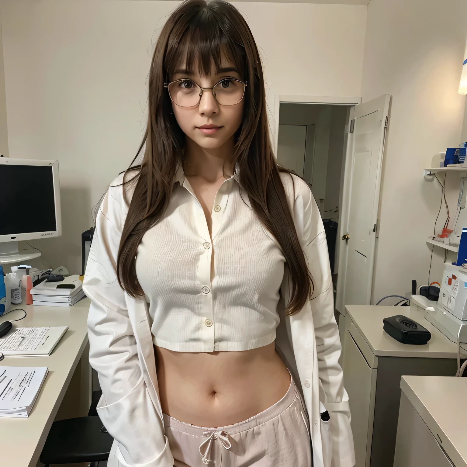 raw photo, 8k, (top-quality), Realistic, (real picture, Intricate details), (natural skin texture, detailed skin, hyper realism, sharpness), ((white lingerie, opening the front of the white coat)), (((Japanese college girl standing in the Nuclear power laboratory, hands in pocket))), (((Small chest:1.4))), ((intelligent face:1.1, parted lips, glasses)), (no makeup), Fair skin, wavy short hair, short bangs, hard lighting:1.3, full body shot