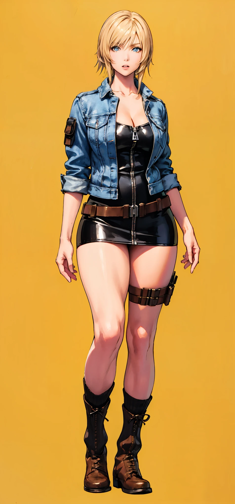 Official Art, (finely best quality illustration,uhd:1.2), kyoto animation, (realistic,attractive mature lady:1.3), 1girl, ayabrea, ash blond hair, Blue eyes, Upturned eyes, (cleavage,medium_breasts:0.8), (thick thighs:1.3), standing, finger to mouth BREAK open_jacket, skin-tight black ((zipper)) (short dress) on over ((Blue)) [jean] ((Jacket)), belt, (put boots on over (((socks)))), ((brown)) lace-up boots,black (socks:1.3), (((thigh holster))), (from front, full body),simple background