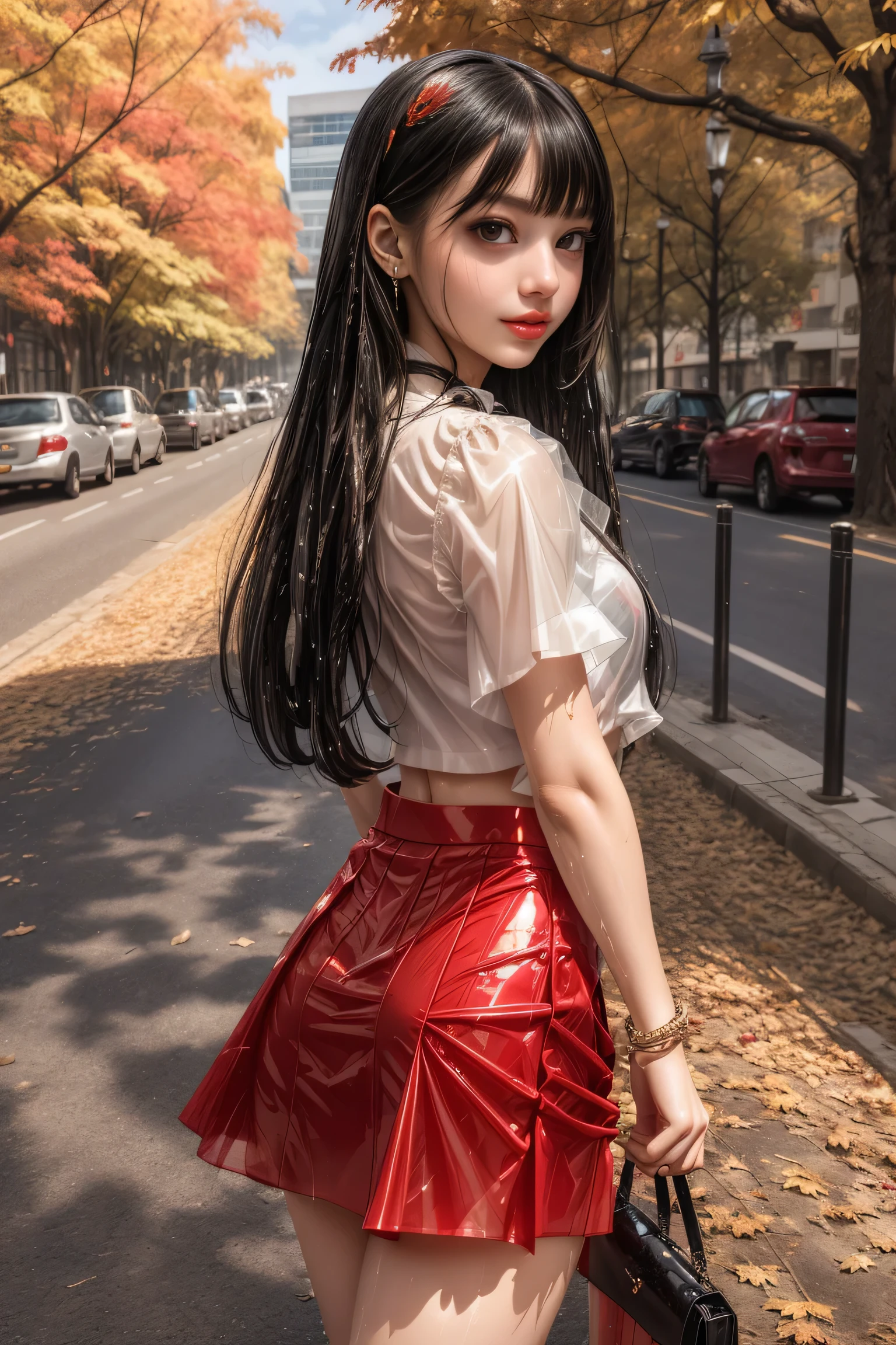((Autumn leaves lined street))((dusk)),((A woman walking surrounded by red maples)),(Rear view)、(look back)Career woman、Beauty、One person女、One person、Long Hair、(Office Lady)、Viewer、Smile、(Big Blue Eyes)、Hair Accessories、gem、(Light brown hair)、mouthをclose、bangs、bracelet、lips、Portrait、Red nails、close、赤いlips、Long Hair、Viewer、smile、(after the rain)mouth、bangs、bracelet、lips、Portrait、Red nails、close、赤いlips、(Shiny skin)、(Full body angle)、((Translucent white blouse、Black tight mini skirt)),(黒いHigh heels), (Pantyhose)、(Her small black underwear is visible through the)、(Skirts fly up),(She's wet)、(Long legs)、Bee、Laser beam))、(Full Body Shot)、(Long legs)、(High heels)、、Underarm、Raise your arms、protogen、Underarm、Show the side、、Sleeveless、upper armを見せる、upper arm、(手を上げてRaise your arms)、((Autumn leaves are falling))