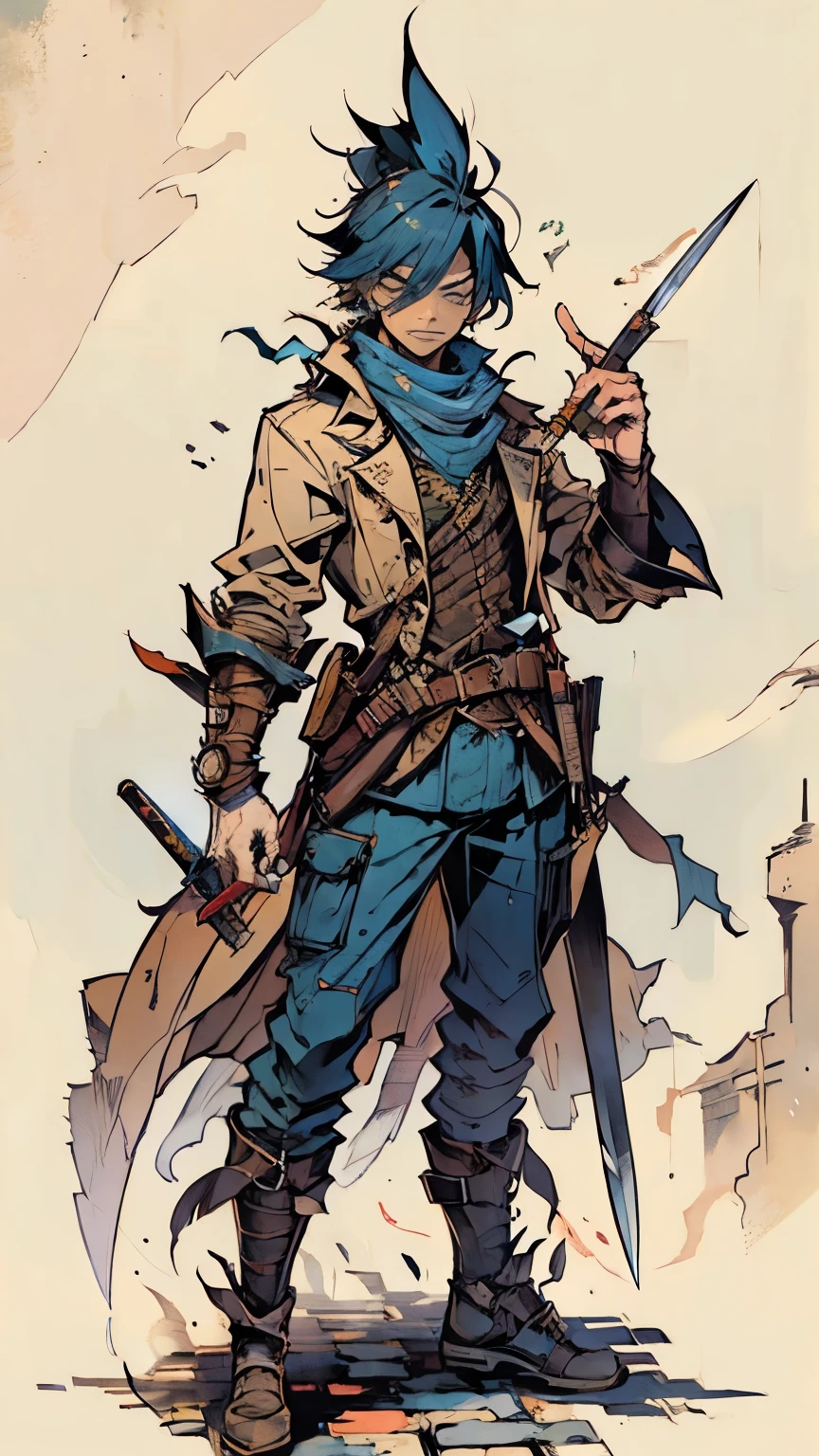 Cheeky boy、tobacco、 He has dynamite and a knife in his hand、Steampunk style craftsman、Full body illustration、White background