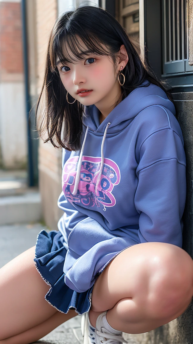 (((Very cute)))、(((Junior high school students)))、 (Woman showing off her pubic hair), Leg spread, Angle from below, (Droopy eyes, Round face), Realistic skin,((Gal))、Mr.々A patterned shirt, skirt, panties and hoodie, sneakers, Downtown Alley, smile, Earrings,