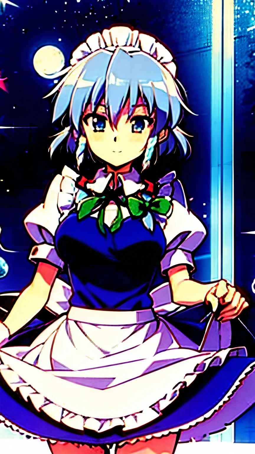 retro artstyle izayoi_sakuya_touhou
braid, twin_braids, maid_headdress, short_hair, maid, bow, grey_hair, hair_bow, bangs, blue_eyes, ribbon, hair_between_eyes, breasts, apron, green_bow, white_hair, red_eyes