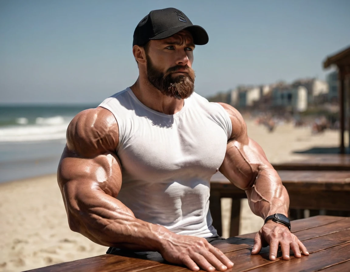 1men, 28yo, white American man, A hyper-realistic, ultra-masculine bodybuilder with exaggerated muscle size, wearing a tight white T-shirt that emphasizes his massive chest and arms. (He has a full, thick beard and is wearing a black baseball cap backwards), The setting is an outdoor beach with a warm, natural light casting detailed shadows. The man is seated at a wooden table, showing strong, muscular arms with veins and defined details. His expression is serious, and he has a focused gaze. The quality is 8K ultra-detailed, with hyper-realistic textures on the skin, beard, and fabric of the shirt. The background features other people in soft focus, blending into the warm ambiance of the setting. (bulging chest muscles), (Detailed eyes 2), (Detailed face 2), (Handsome face 2), (Shiny oily skin), gigachad, beautiful face, Dynamic lighting, (Masterpiece 2), (Best quality 2), (Detailed 2), (skin Realistic 3), hyperrealistic, Professional photography, Depth of field,