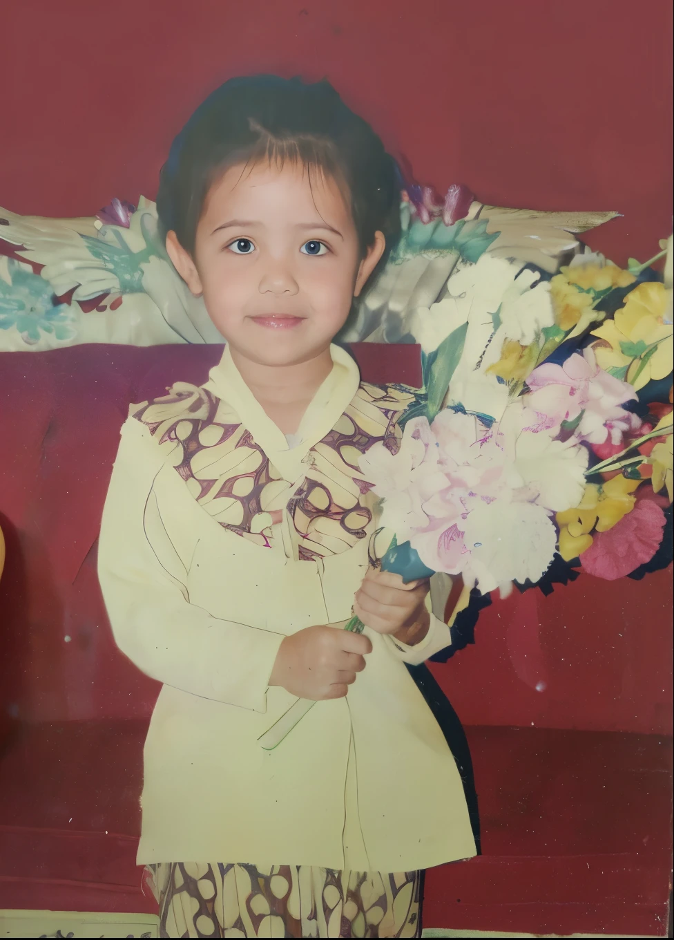 Realistic photo of a mother and daughter wearing kebaya in a pose standing, facing the camera, full HD quality