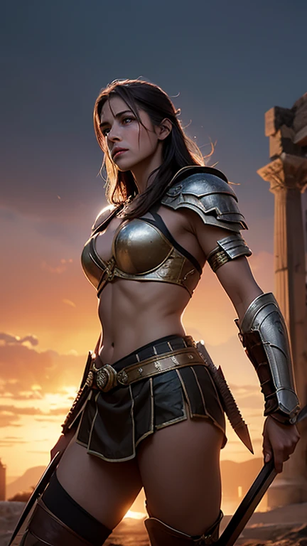 girl,, roman gladiator, holds weapon and shield, dominant pose,topless, exposed breasts, naked breasts, small breasts, bloody wounds, roman gladiator arena in background,vibrant appearance, creative behavior, imaginative, sensual, spontaneous, highest quality, skin texture, intricate details, (cinematic lighting), RAW photo, 8k