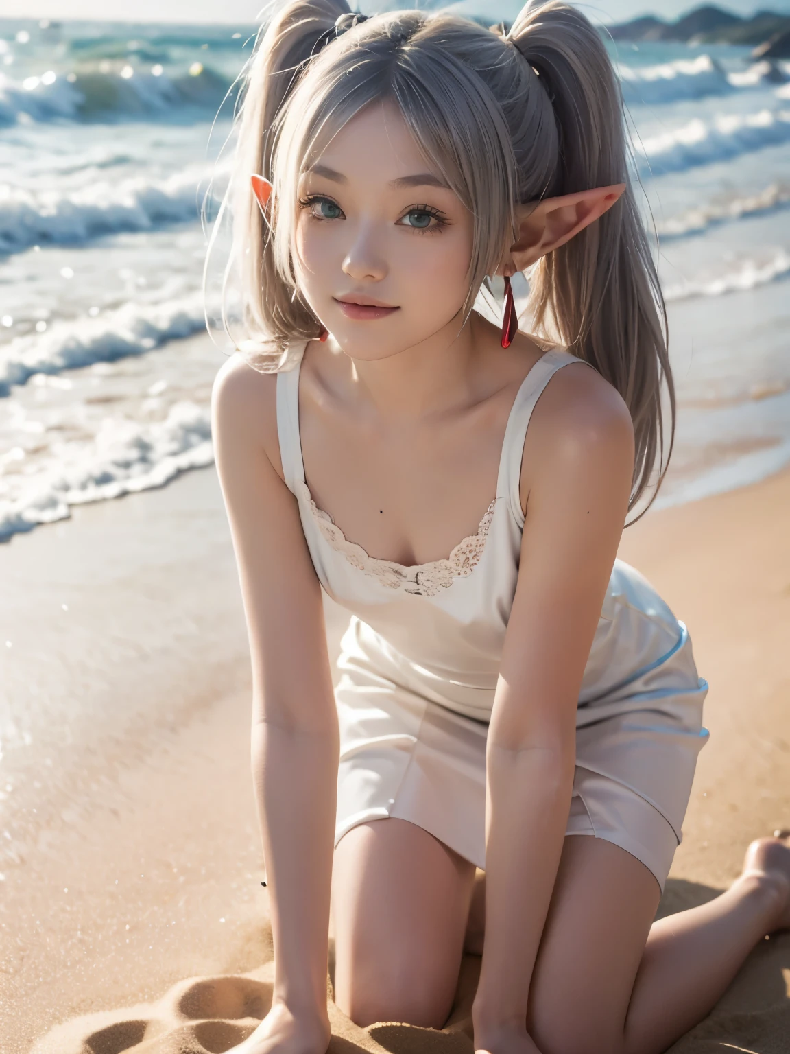 4 girls elf, tiny ass, naked, green blue hair, pink eyes, blush, at the beach, skinny, small waist,
