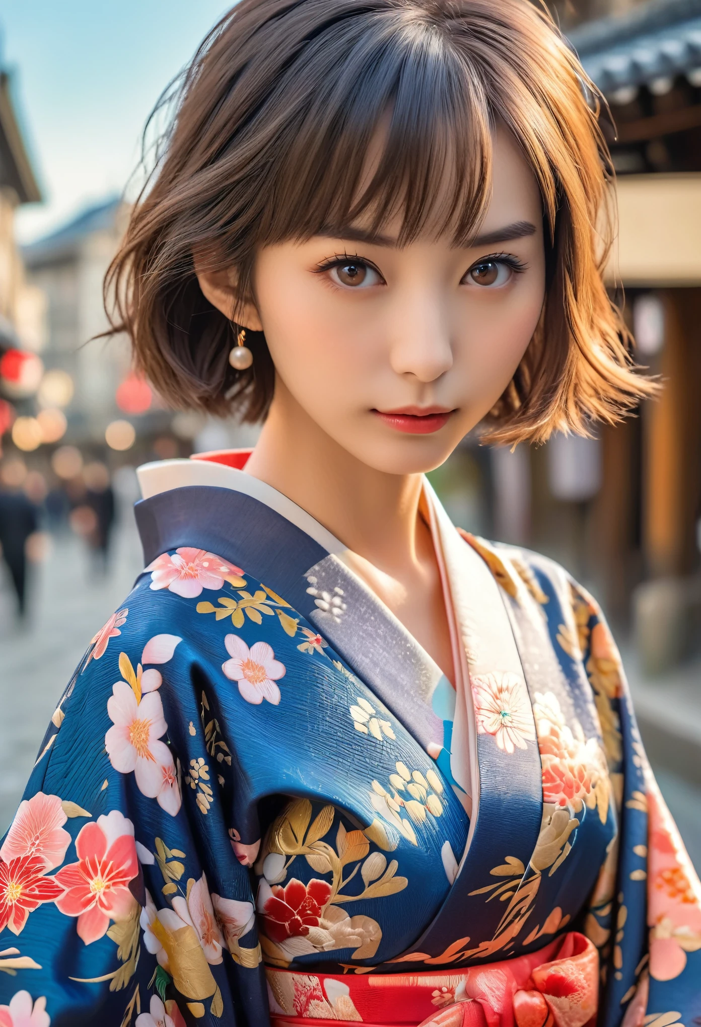 (Best Quality, 16k, masterpiece: 1.3)), 1 cute girl, (Sharp focus:1.2), stunning woman with perfect figure:1.4), (Slim Abs:1.2), (((Short Bob Hair)), ((small: 1.4)), ((Beautiful Face Idol: 1.3)), iridescent eyes, (wearing kimono:1.5)), Highly detailed face and skin texture, Fine grain, Double eyelids, (((stop temporarily)), (Fascinating)), walk, Paris cityscape, Low Angle, Shooting from below