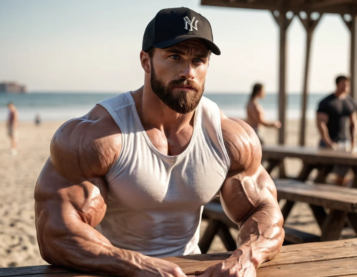 1men, 24yo, white American man, A hyper-realistic, ultra-masculine bodybuilder with exaggerated muscle size, wearing a tight white T-shirt that emphasizes his massive chest and arms. (He has a full, thick beard and is wearing a black baseball cap backwards), The setting is an outdoor beach with a warm, natural light casting detailed shadows. The man is seated at a wooden table, showing strong, muscular arms with veins and defined details. His expression is serious, and he has a focused gaze. The quality is 8K ultra-detailed, with hyper-realistic textures on the skin, beard, and fabric of the shirt. The background features other people in soft focus, blending into the warm ambiance of the setting. (bulging chest muscles), (Detailed eyes 2), (Detailed face 2), (Handsome face 2), (Shiny oily skin), gigachad, beautiful face, Dynamic lighting, (Masterpiece 2), (Best quality 2), (Detailed 2), (skin Realistic 3), hyperrealistic, Professional photography, Depth of field,