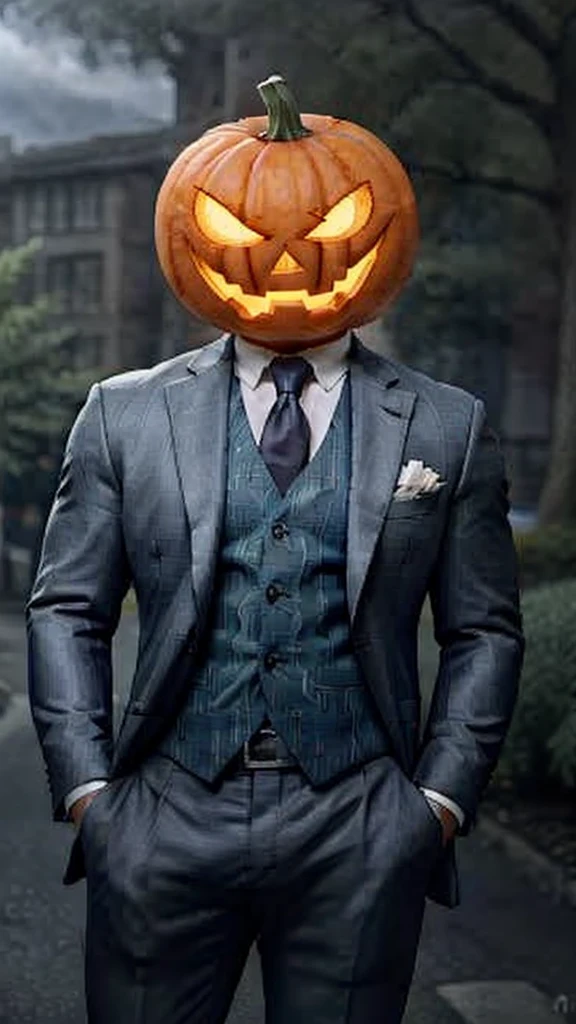 male, face, face focus, Pumpkin Head、suit