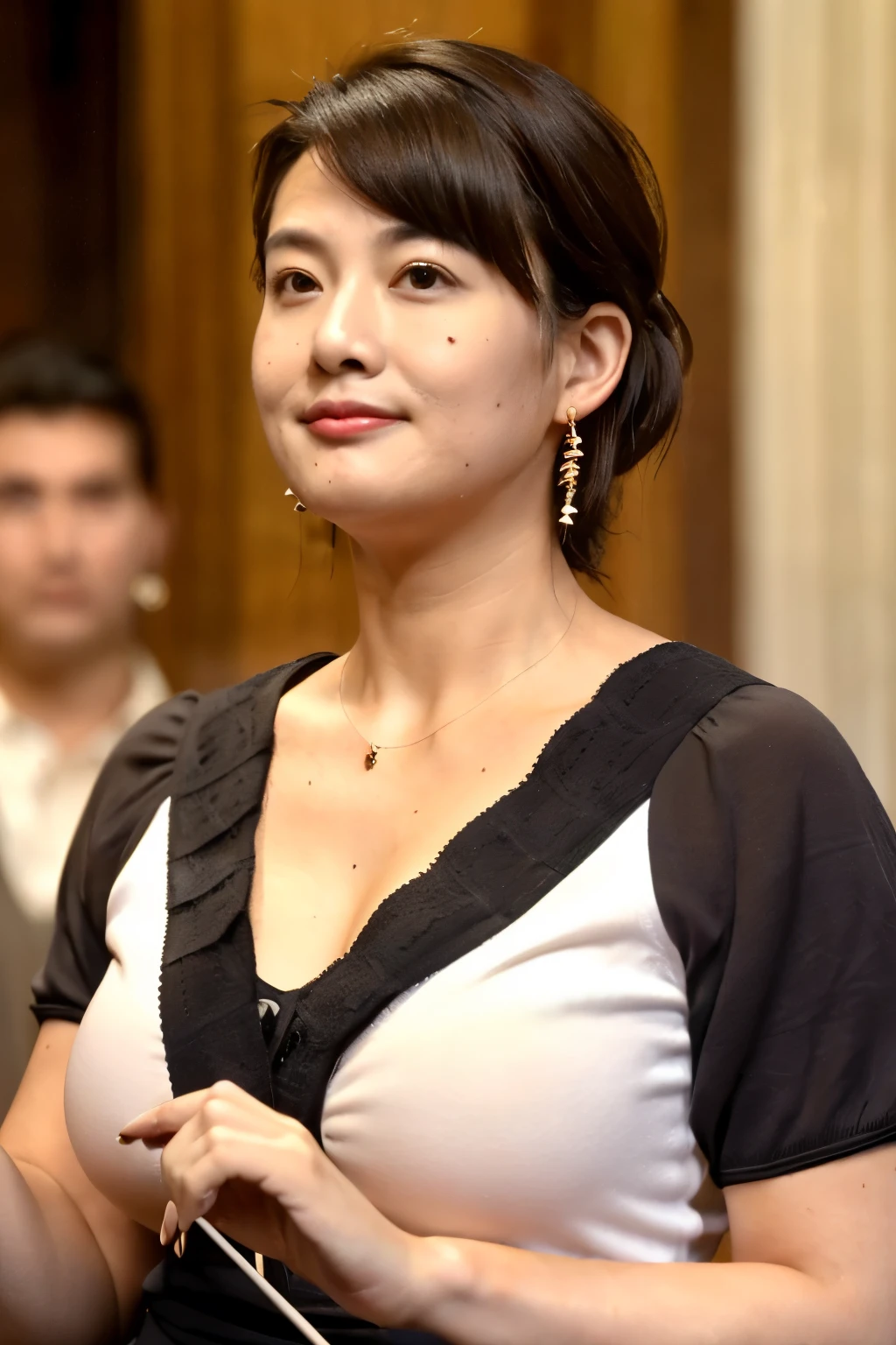 Black Hair、Smiling、Big Breasts、Sexy body、A sexy purple dress with a low neckline、On the red carpet、At a film festival crowded with many spectators