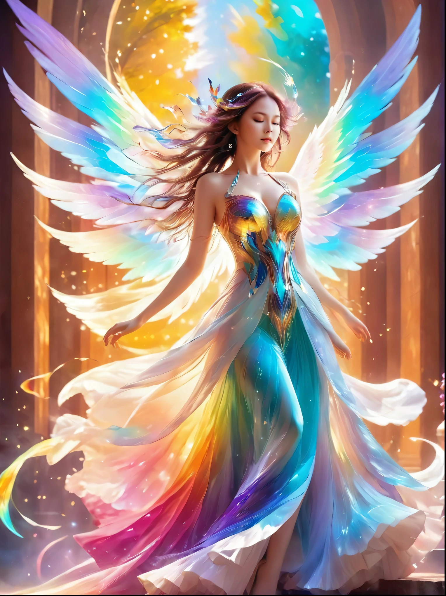Iris, the Greek goddess, European woman, 35-years-old, presents a slender and ethereal body, wrapped in a luminous robe that reflects the colors of the rainbow. Her delicate-featured face radiates grace and serenity with her large, heavenly-colored eyes and her gentle smile. On her wavy hair, dewdrops shine, forming a glowing halo around her. She wears multicolored wings on her back, which flash with her every movement. She finds herself in a lush flower garden, with a rainbow rising majestically in the sky, giving off an aura of magic and hope.
