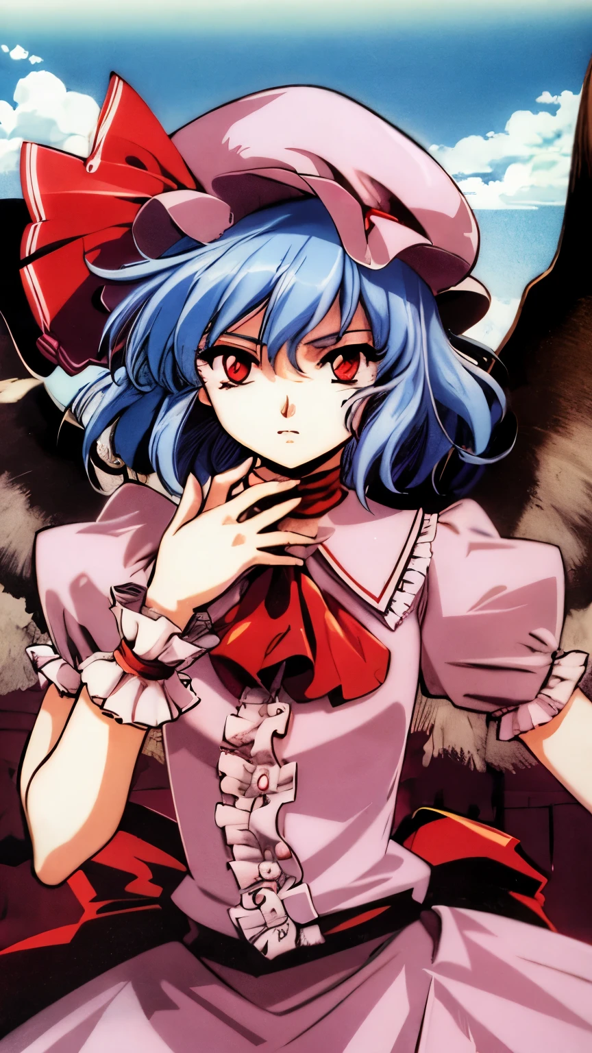 retro artstyle remilia scarlet
1girl,mob cap, wings,ribbon,frilled shirt collar, short sleeves,blue hair,red eyes,ascot,pink dress,