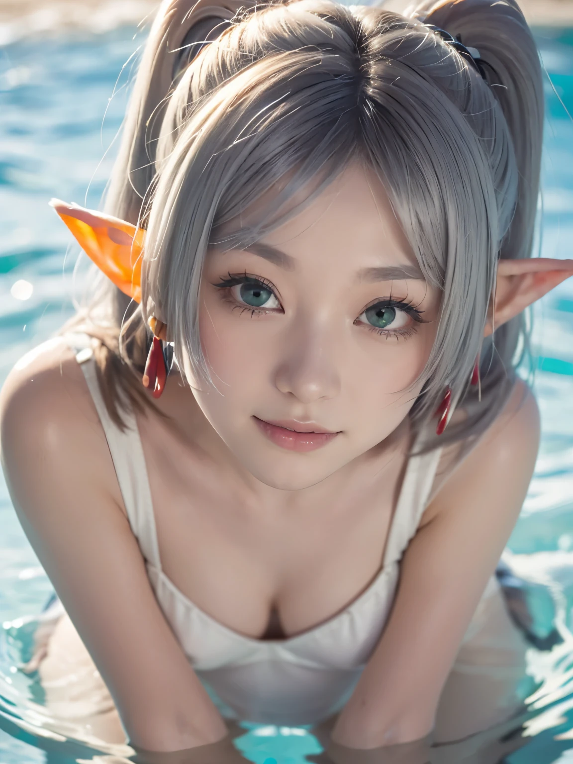 1girl, solo, , teenager, elf, (white hair, grey hair, twintails, long hair), earrings, pointy ears, green eyes, parted bangs, thick eyebrows,
BREAK ((slender body, short stature), (flat Breasts:1.5), smile,
BREAK (see-through silhouette), (nipples through:0.5) (erectile nipples:0.5),
BREAK (close up:1.35), To immerse yourself in the water up to your chest. Kneeling pose,
BREAK (White Plunge leotard),
BREAK outdoor, on the beach,
BREAK (Shot with a Canon EOS 5D Mark 4 and a Canon EF 85mm F1 lens.2L Lens, F-stop 1.2, ISO50, Shutter Speed ), 
BREAK beautiful and Beautiful Eyes, perfection, perfection, roll your eyes, Detailed face, Beautiful Eyes, Superior Quality, masterpieceHighly detailed, High level of detail, Many details, high quality, Cinematic Light, Real Hands, (Ultra-realistic:1.3), perfectionな目, Detailed skin, Skin wounds, Lip gloss, 
