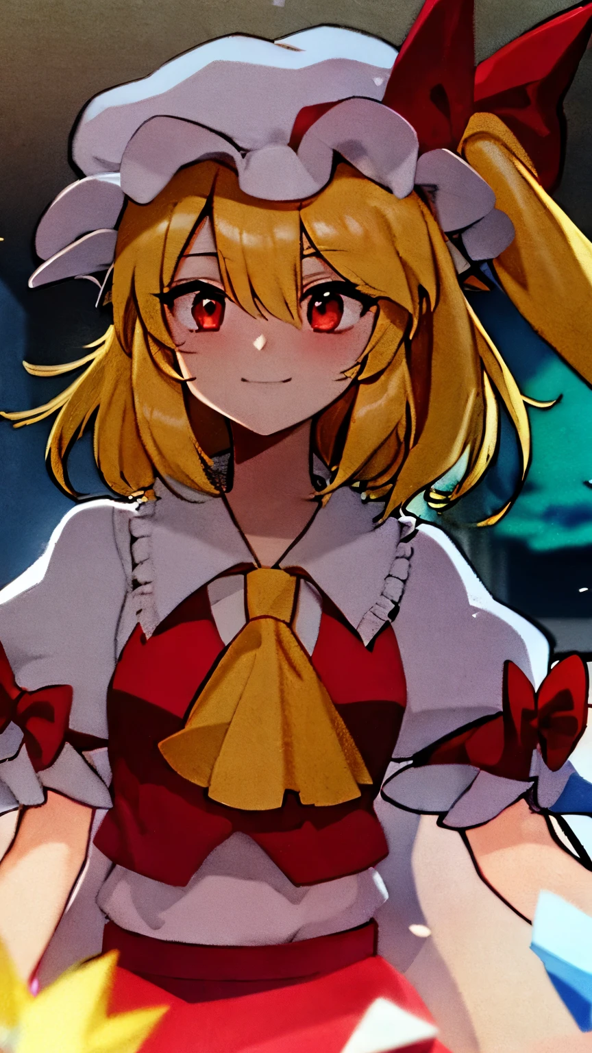 retro artstyle flandre_scarlet_touhou
blonde_hair, wings, red_eyes, crystal, bangs, hat, one_side_up, ribbon, mob_cap, bow, blush, smile, vest, white_headwear, red_vest, ascot, hair_between_eyes, red_bow, red_ribbon, upper_body, hat_ribbon, yellow_ascot, short_hair