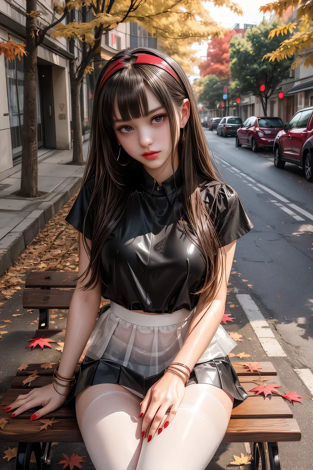 Araffe sitting on a bench in a city with a red headband - SeaArt AI