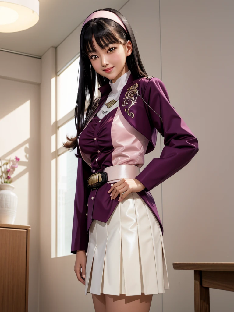 (Highly detailed CG), (Best Quality), One girl, Perfect Face,  Shiny skin, Shiny skin, Wide Hips, Narrow waist,  ,Meiju,jacket,White Skirt,Hairbands,Long sleeve, belt, Black Hair,,smile, indoor,Straight Hair, 立ち絵, 