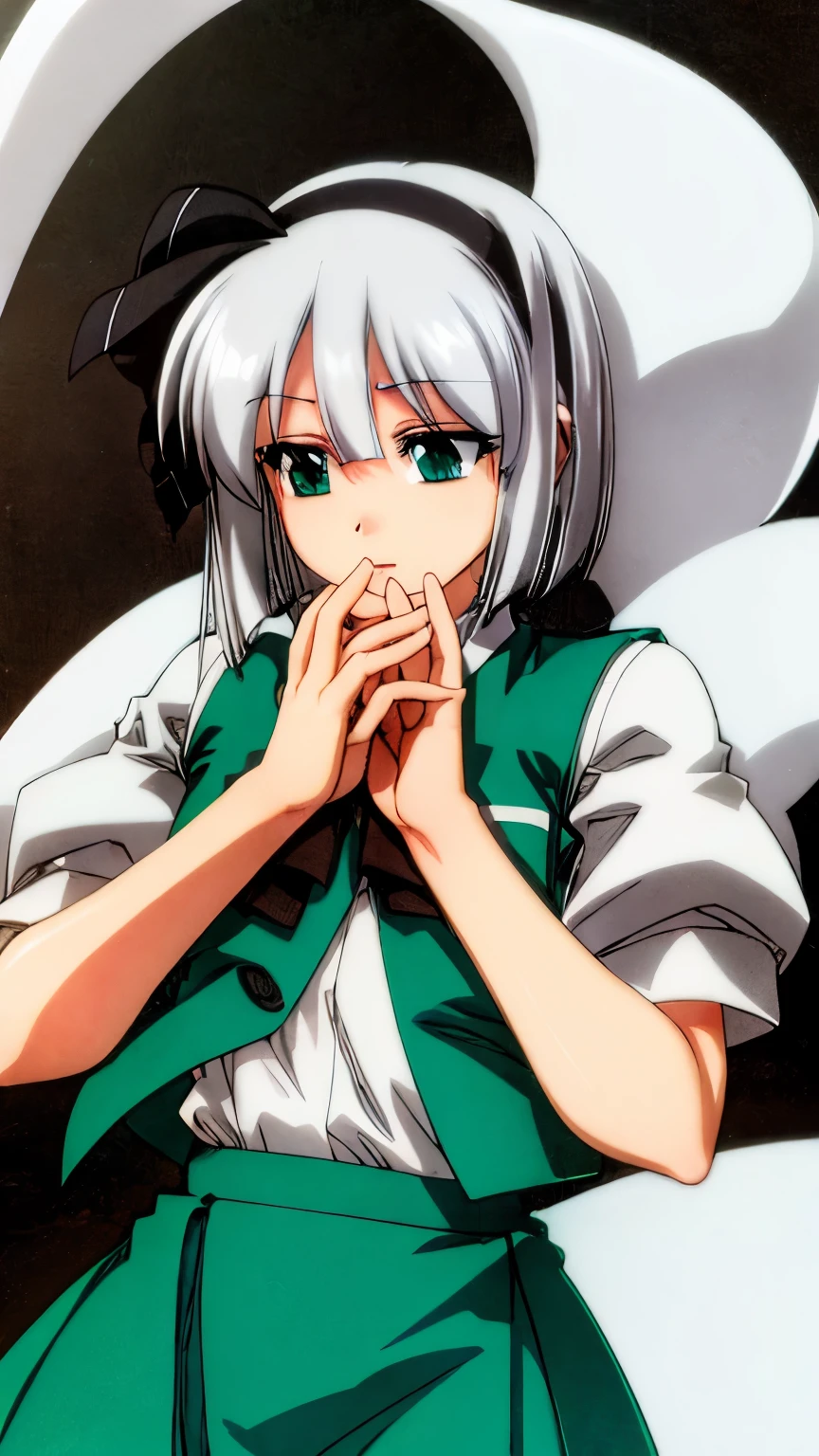 retro artstyle 1girl, white hair,short hair,hair ribbon,hairband, green eyes,bow,white shirt,green vest,green skirt,
konpaku youmu (ghost)