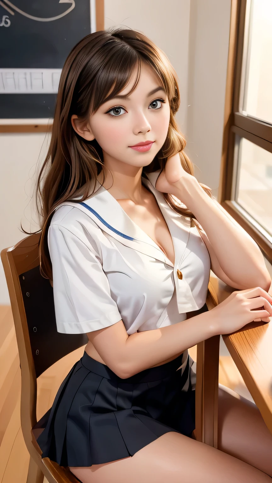 Realistic:1.3, Tabletop, (Highest quality, 8K, masterpiece:1.2, RAW Photos), ((1 beautiful girl, Baby Face)), Japanese, high school girl, smile, Slim Abs, Medium breast, ((Wearing the school-issued sailor uniform, mini skirt)), Button unbuttoned, Cleavage, Sitting on a chair in a classroom at school, Spread your legs, Beautiful long legs, (whole body), Beautiful Face, Beautiful Eyes, Hair swept down the back to show shoulders, ((Detailed face, Fine grain, Professional photography techniques)), (Perfect Anatomy:1.3), Mary VD.