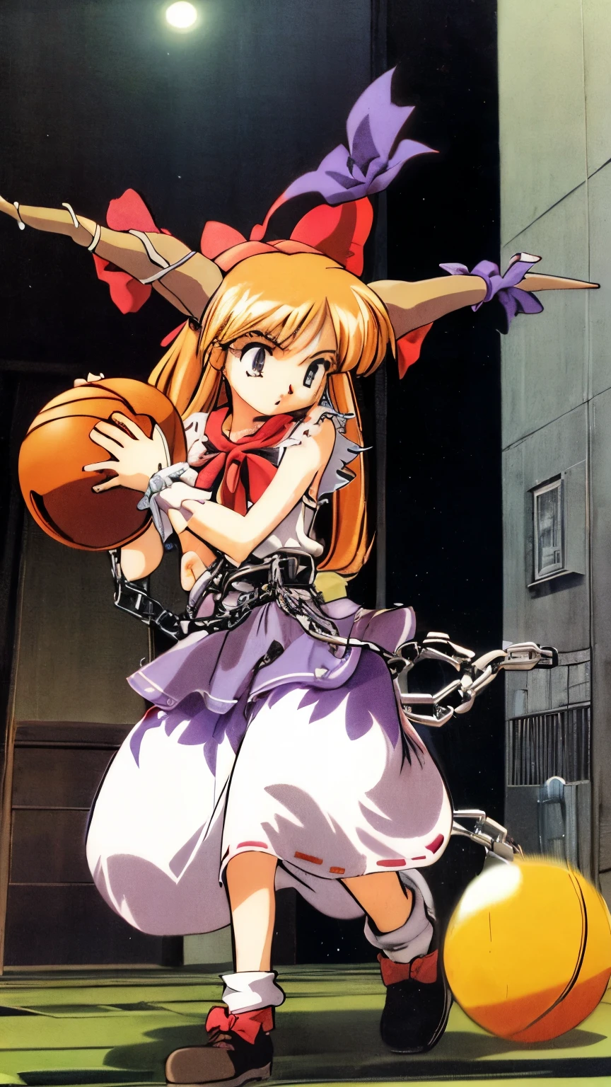 retro artstyle 1girl,ibuki suika
gourd,wrist cuffs,ball and chain restraint,cube 