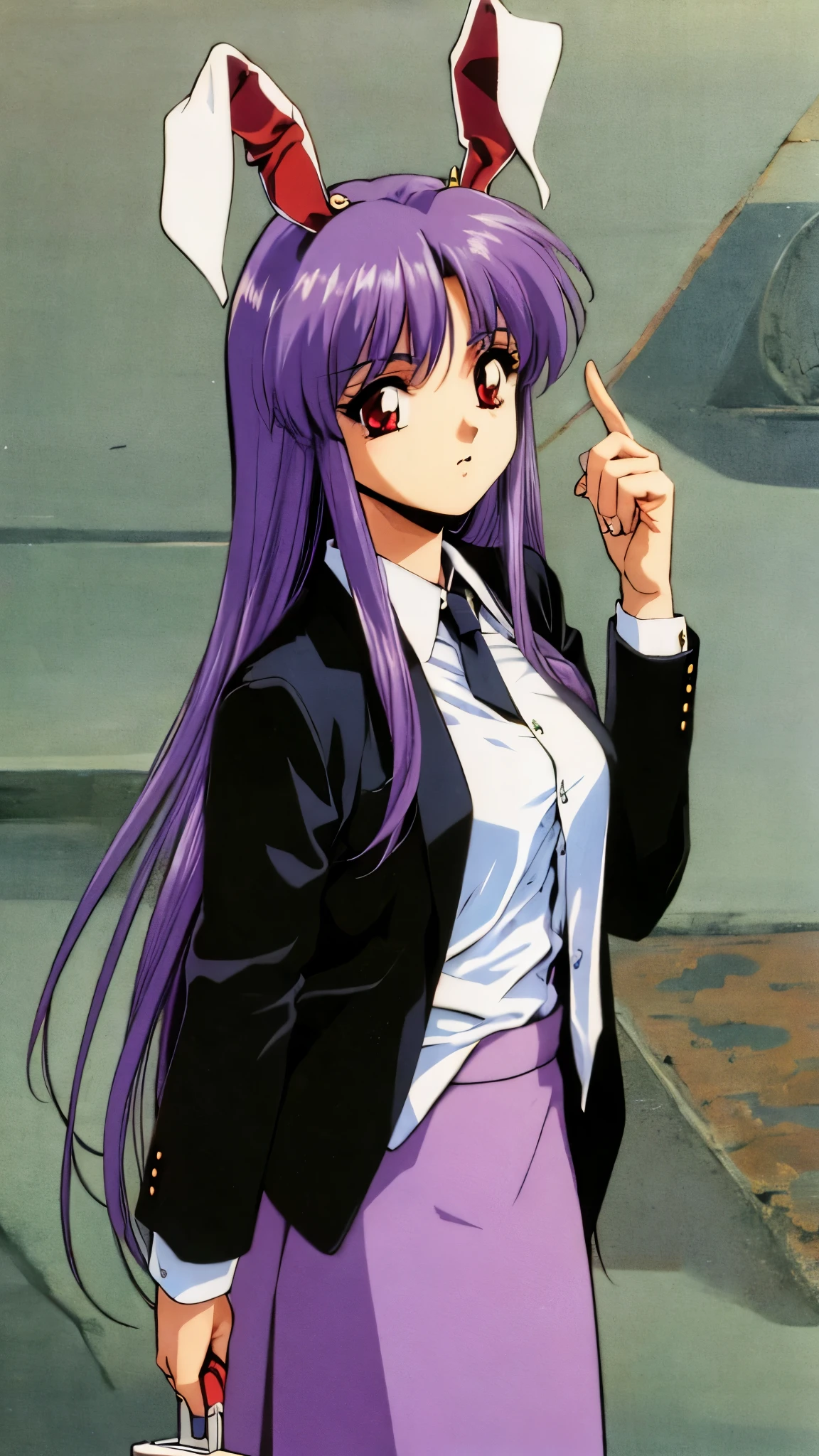 retro artstyle reisen udongein inaba
1girl,purple hair,very long hair, rabbit ears, red eyes,black jacket,open jacket,necktie,white shirt,pink skirt,