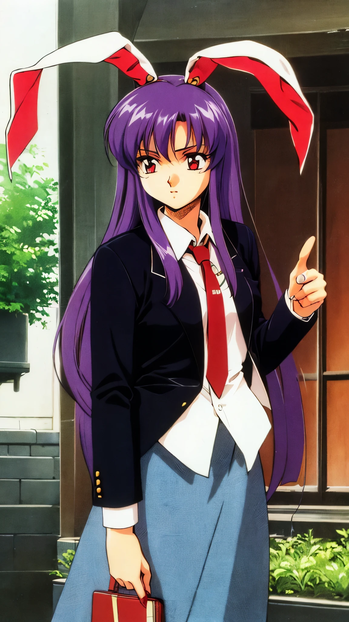 retro artstyle reisen udongein inaba
1girl,purple hair,very long hair, rabbit ears, red eyes,black jacket,open jacket,necktie,white shirt,pink skirt,