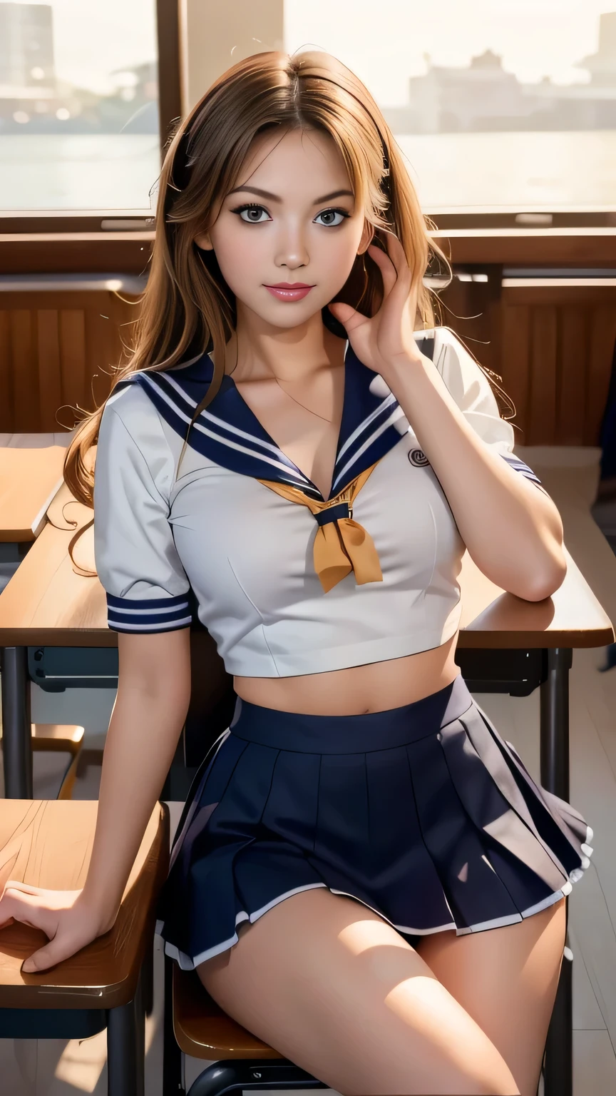 Realistic:1.3, Tabletop, (Highest quality, 8K, masterpiece:1.2, RAW Photos), ((1 beautiful girl, Baby Face)), Japanese, high school girl, smile, Slim Abs, Medium breast, ((Wearing the school-issued sailor uniform, mini skirt)), Button unbuttoned, Cleavage, Sitting on a chair in a classroom at school, Spread your legs, Beautiful long legs, (whole body), Beautiful Face, Beautiful Eyes, Hair swept down the back to show shoulders, ((Detailed face, Fine grain, Professional photography techniques)), (Perfect Anatomy:1.3), Mary VD.