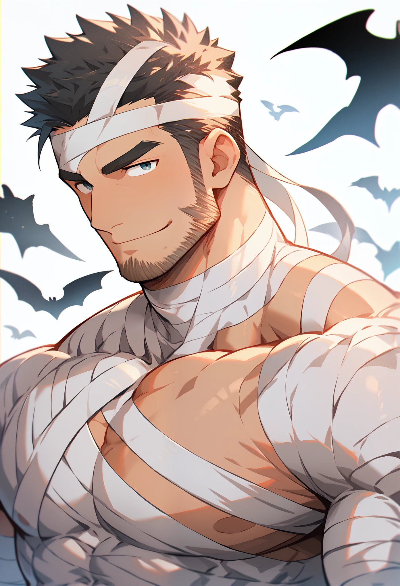 Anime character: Priapus, muscular male in his 30s, masculinity, male focus, Halloween, mummy cosplay, bandage, firm chest muscles, muscular male, muscular, thick eyebrows, skin fade, skin showing, smiling