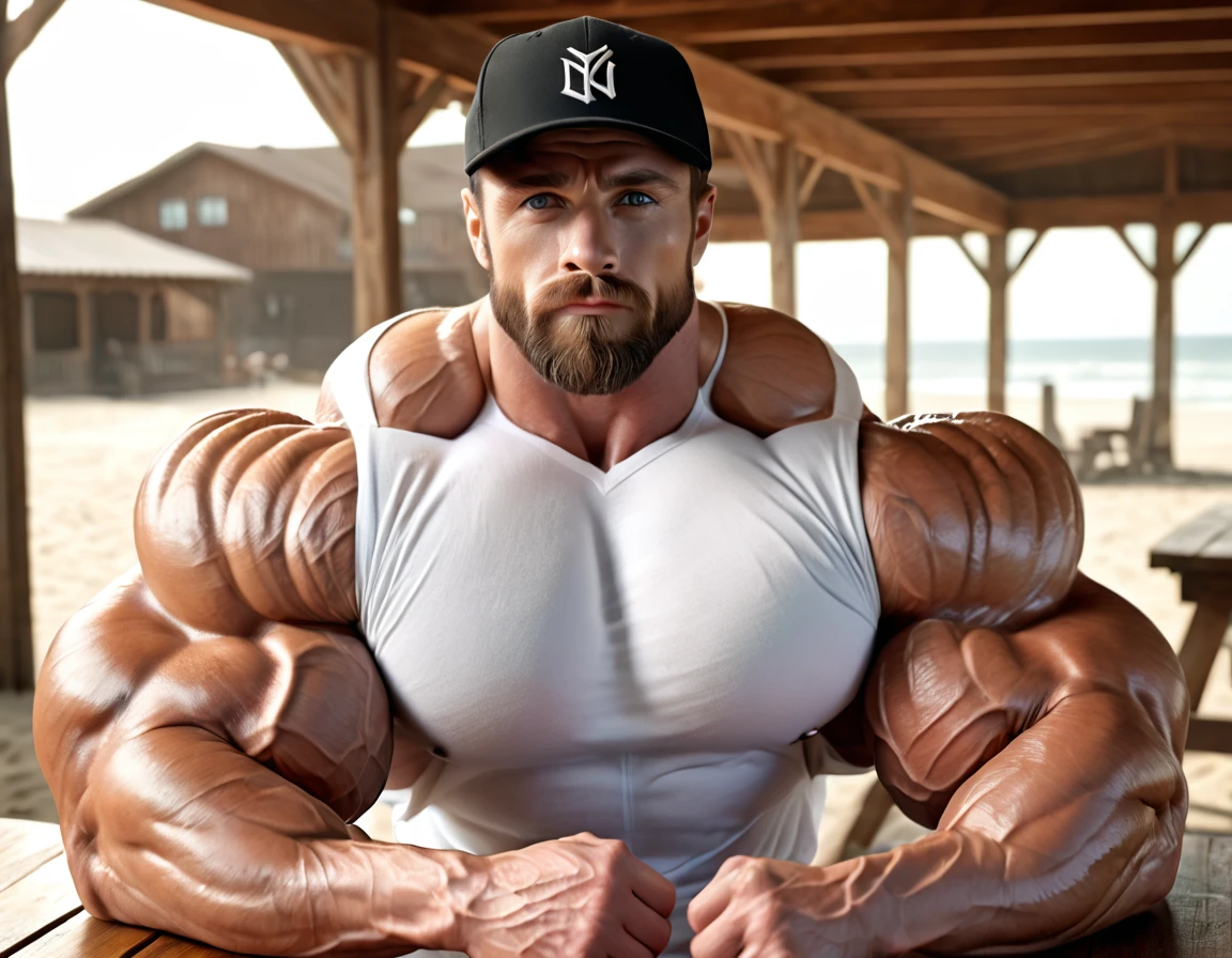 1men, 26yo, white American man, A hyper-realistic, ultra-masculine bodybuilder with exaggerated muscle size, wearing a tight white T-shirt that emphasizes his massive chest and arms. He has a full, thick beard and is wearing a black baseball cap backwards, The setting is an outdoor beach with a warm, natural light casting detailed shadows. The man is seated at a wooden table, showing strong, muscular arms with veins and defined details. His expression is serious, and he has a focused gaze. The quality is 8K ultra-detailed, with hyper-realistic textures on the skin, beard, and fabric of the shirt. The background features other people in soft focus, blending into the warm ambiance of the setting. (bulging chest muscles), (Detailed eyes 2), (Detailed face 2), (Handsome face 2), (Shiny oily skin), gigachad, beautiful face, Dynamic lighting, (Masterpiece 2), (Best quality 2), (Detailed 2), (skin Realistic 3), hyperrealistic, Professional photography, Depth of field,