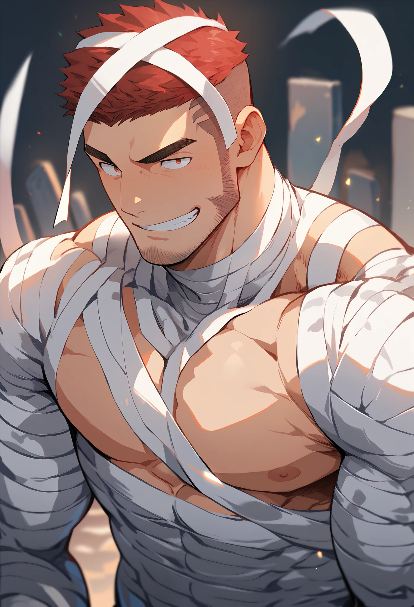 Anime characters: Priapus, muscular man in his 30s, masculinity, male focus, grave, mummy man cosplay, bandages, toned pectoral muscles, muscular man, muscular, thick eyebrows, exposed skin, creepy smile, Red shaved head