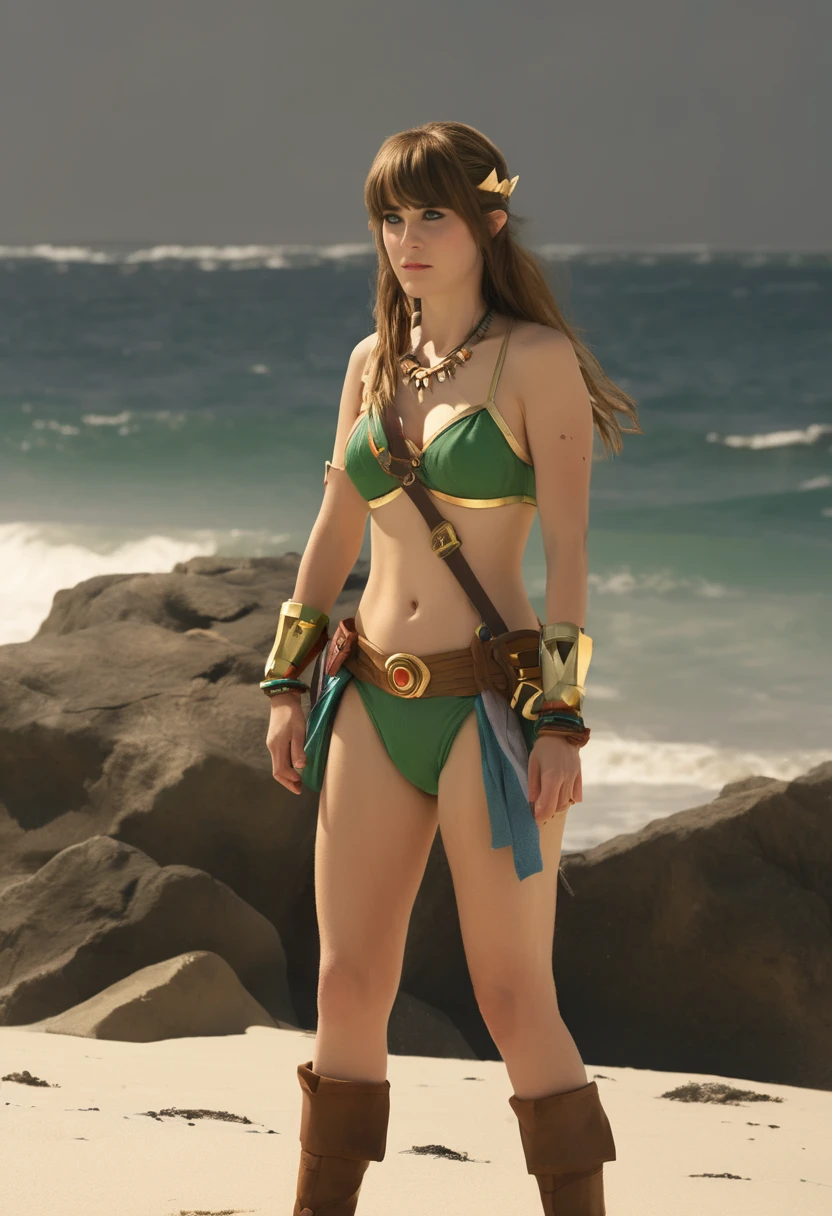 movie still of the Legend of Zelda Live action movie starring (ohwx woman) bikini , full body, on a deserted beach cinematic light, 4k