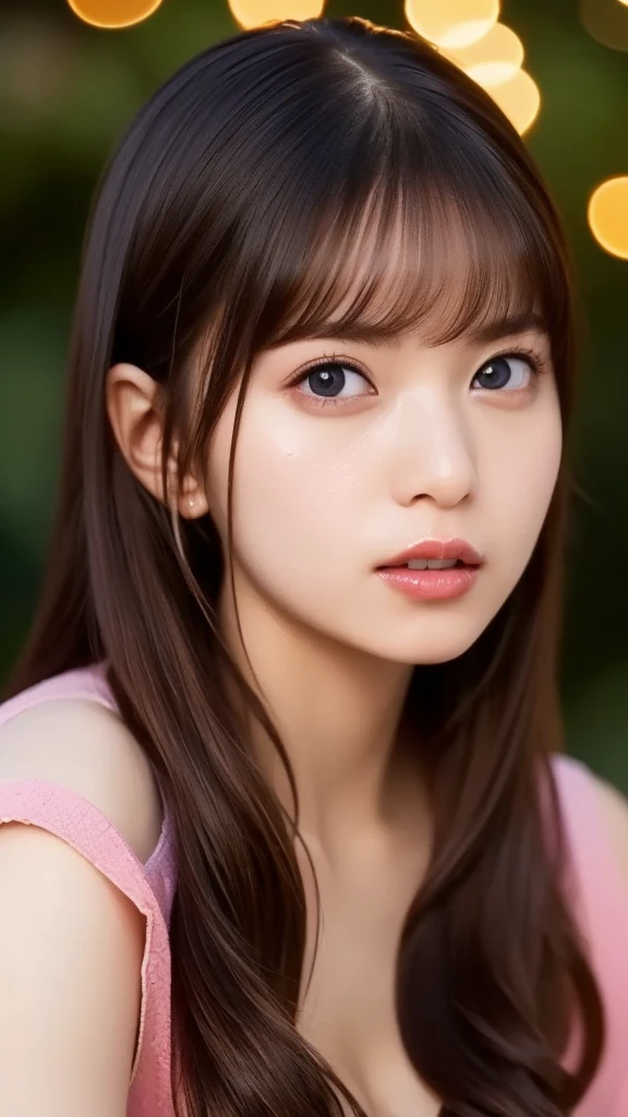 ((1girl)), Brown hair, Amazing face and eyes, Pink eyes, (amazingly beautiful girl), Brown hair, ((Best Quality)), (Ultra-detailed), (extremely detailed CG unified 8k wallpaper), Highly detailed, High-definition raw color photos, Professional Photography, (((Bokeh))), depth of fields,