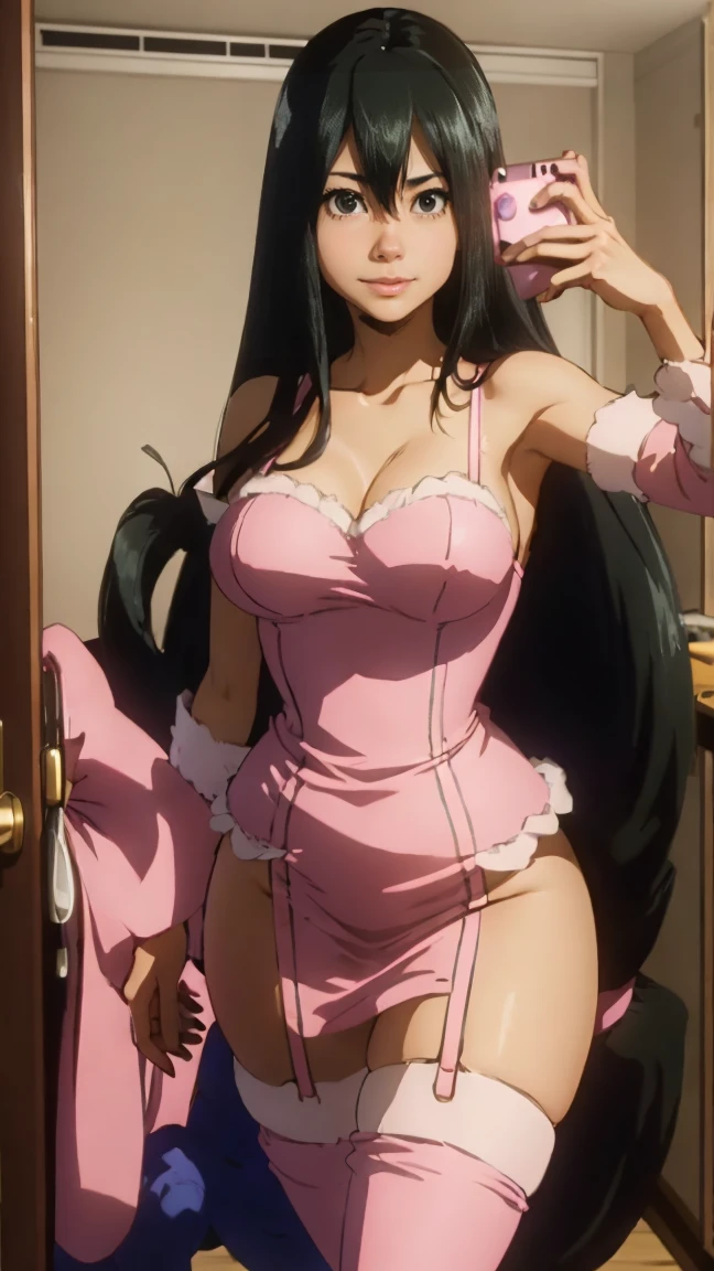 Tsuyu Asui, very beautiful, blue eyes, long straight black hair, very giant breasts , shaped legs, very large buttocks , ((He is in his room taking a selfie)) ((dressed in ultra micro lingerie, very sexy and sensual, with a pink garter belt and very long white thigh-high stockings)), posing very sexy and sensual, Very nice room with a large window, good lighting, 4k resolution