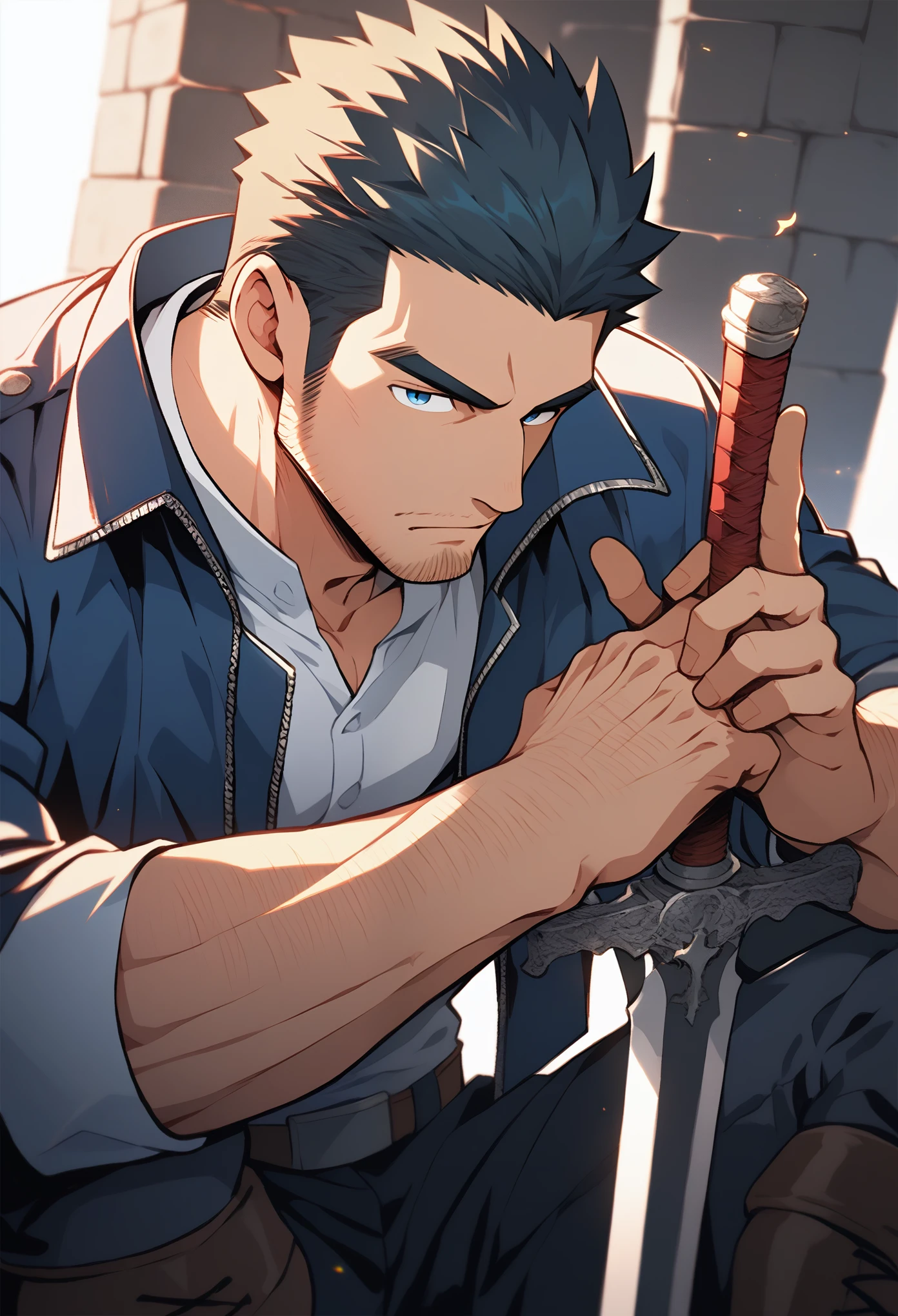 Anime characters: Priapus, muscular man in his 30s, masculinity, male focus, stone castle, night, vampire hunter, muscular man, thick eyebrows, exposed skin, serious expression, blue eyes, stubble, cross, indigo coat, brown boots, sword