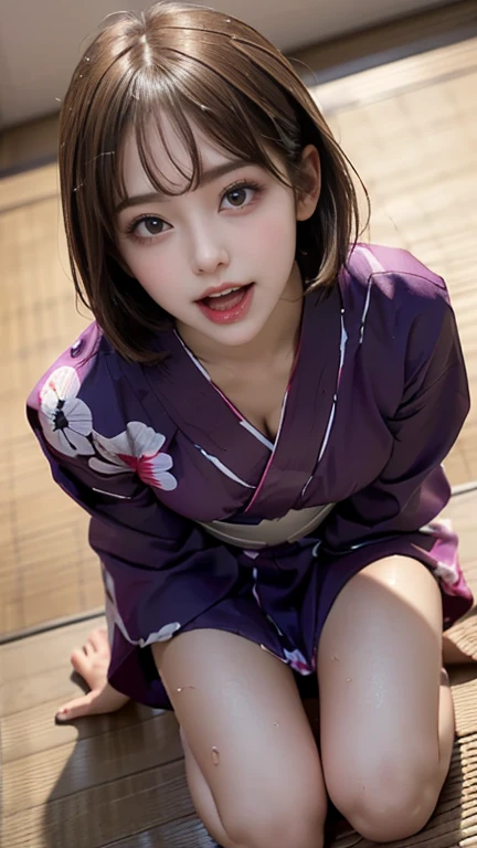 (((Best Quality))), ((masterpiece)), (detailed), ((solo)), (((((((1 high school girl wearing a yukata))))))), (((((Wet face and skin))))), (((Pure white skin))), ((((Angle of view that includes face and whole body)))), (((Well-formed face))), ((Big Eyes)), ((((((((Droopy eyes)))))))), ((Closer Eyes)), ((Glowing skin)), (((((Correct Anatomy))))), ((Spread your legs)), (((((Delicate and thin thighs))))), ((((Stylish bangs)))), (Stylish hairstyle), (((Slender and slim lower body))), ((((((Open Mouth)))))), ((((Top view)))), (((((Lean forward and kneel on the floor))))), ((((Cheek)))), (((((Showing tongue))))), (((Tired look))), Cleavage, (Close-up), Digital SLR, RAW Photos, Professional Lighting, Curvy,