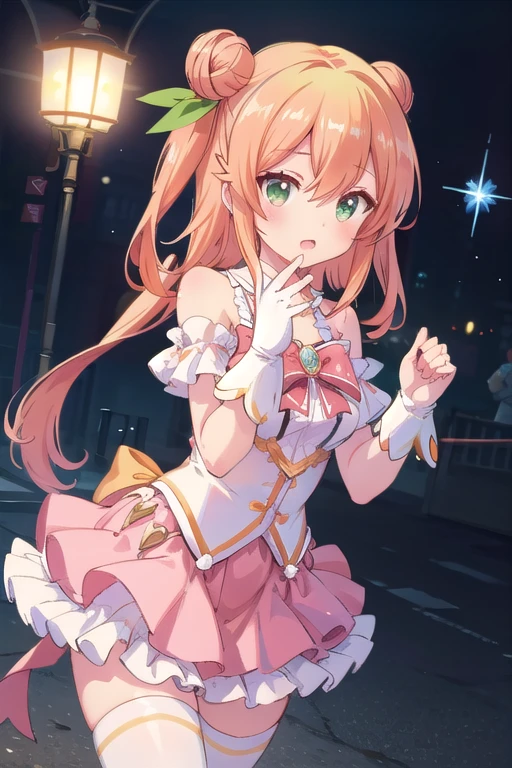 Beautiful illustrations、(magical girl pastel pink outfit,frilled mini skirt:1.3),(white shirts:1.1),(magical brooch:1.1),gloves,hair ornament,(bare shoulders:1.2),earring,thighhighs,(masterpiece、Best Quality、8k ), (Beautiful details), Detailed faces, Perfect lighting, Highly detailed CG, (Perfect hands, Perfect Anatomy),1 girl, Alone,  bare shoulders, Hinazuki mandarin orange、Thighs、fighting stance、