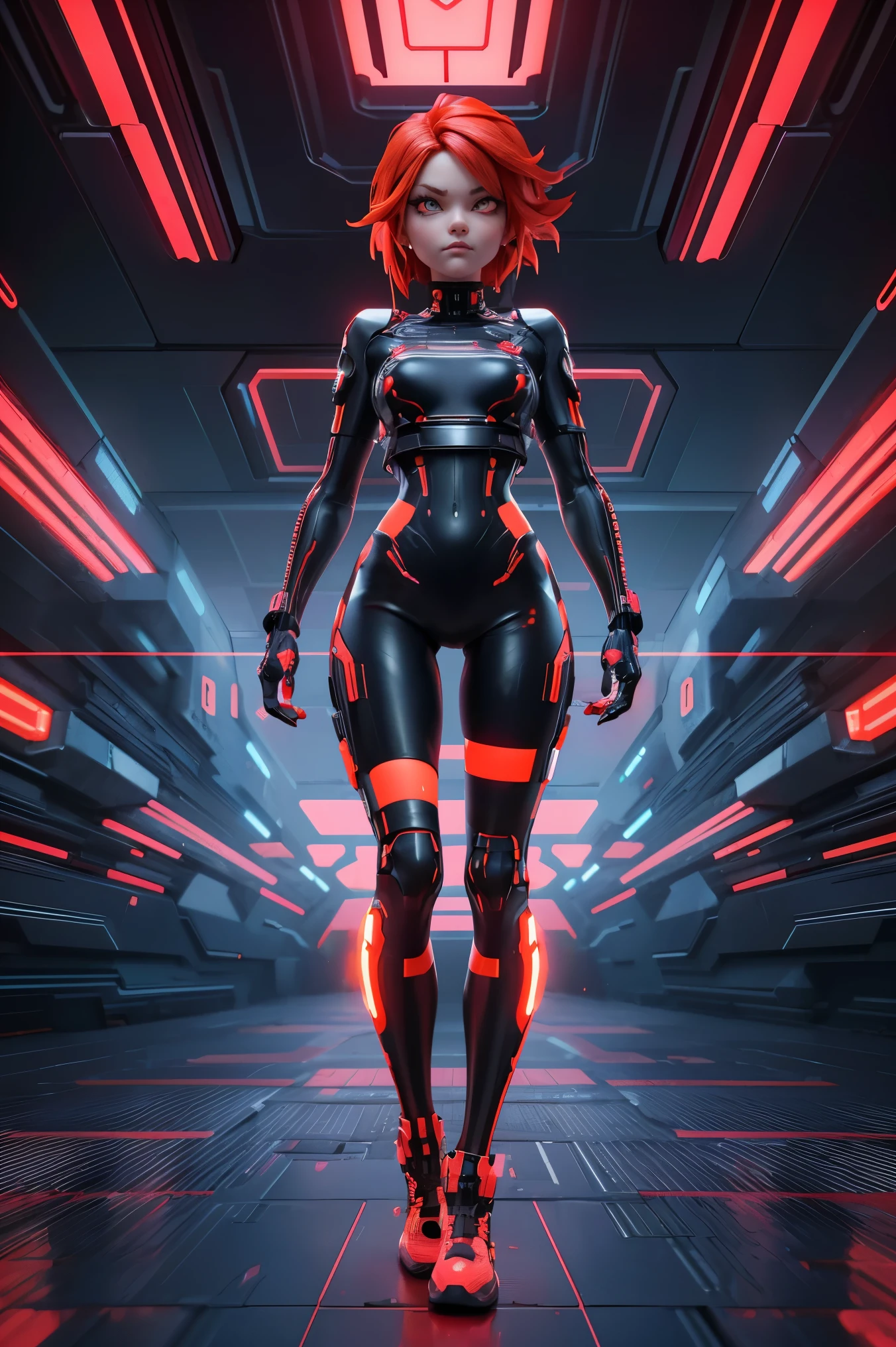 solo, 1girl, (full body nude), (electric red hair), (electric orange eyes), ((Cyber punk outfit)), (symmetrical eyes), (Perfect face), (Perfect Anatomy), (looking at viewer), (cyber shot), ((Glitch Art background)), (glitch art:1.3) ((glitch effect)), (8k), (HD), (Cinematography)