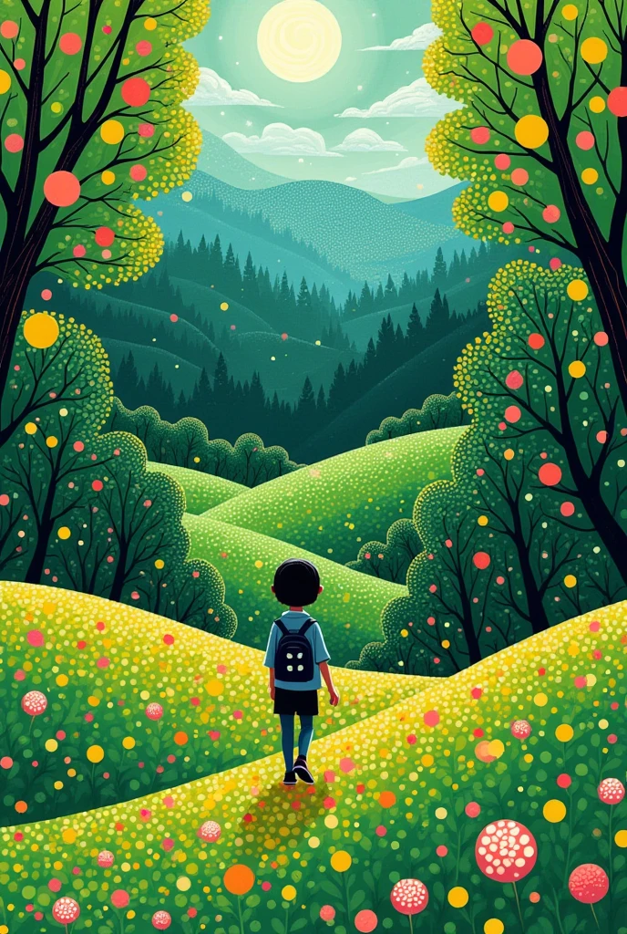 Cartoon Art，Yayoi Kusama，Dot Art，Polka Dots，Dot，Painting of a person walking through a green meadow, Through the dense forest, On a leafy planet, Among the leaves, Lush forest, Green hills