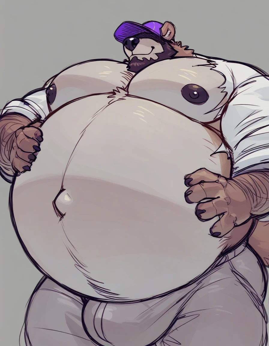 Nsfw, anthro daddy bear, male, brown fur color, beard, purple cap covering eyes, inflating, hyper belly, hyper bulge, no background, close up, round pecs, round pecs, nipples, sketch, shirt ripped open, hands on belly, smile awkward