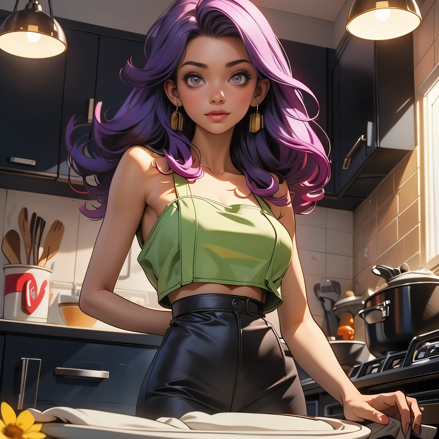 (masterpiece), best quality, 1girl, expressive eyes, perfect face, (purple hair), perfect anatomy, full body, 4k, HDR, full HD, alone, he is standing cooking, he is wearing an apron with a flower design, Under the apron she is wearing a red strapless crop top, she is wearing green silk minis, she is barefoot, she is in an elegant kitchen,