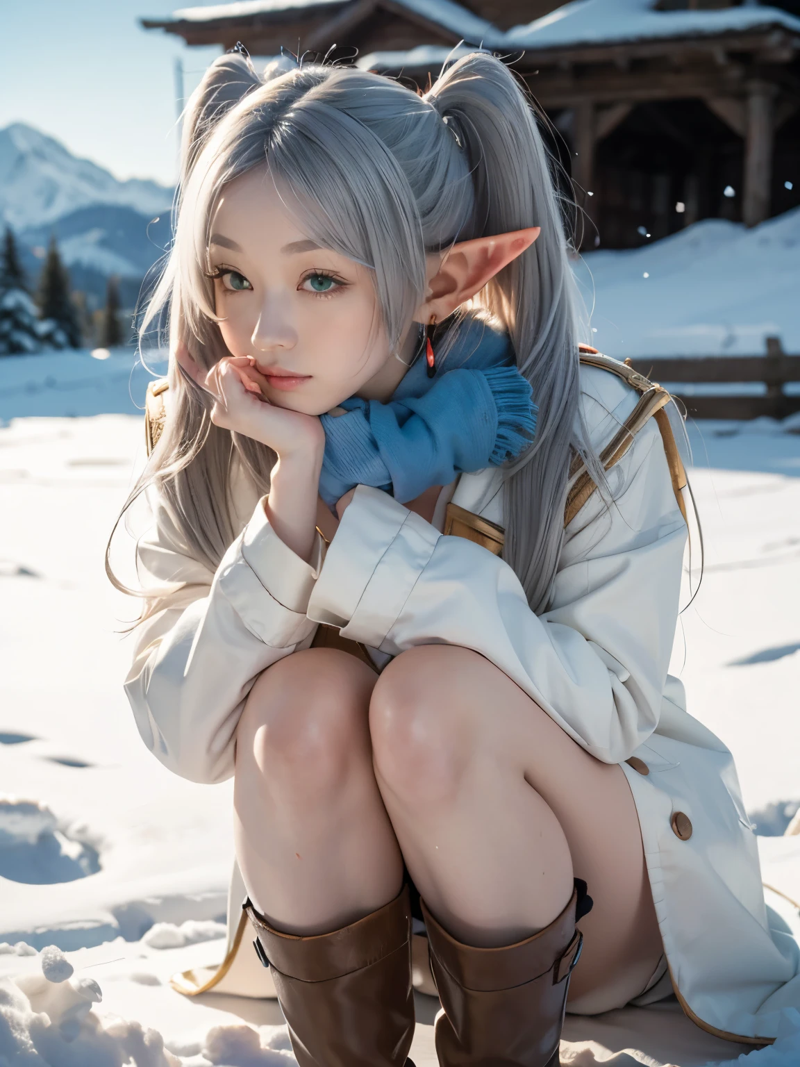 1girl, solo, , teenager, elf, (white hair, grey hair, twintails, long hair), earrings, pointy ears, green eyes, parted bangs, thick eyebrows,
BREAK ((slender body, short stature), (flat Breasts:1.0),
BREAK FrierenWinter, long hair, twintails, earrings, blue scarf, white coat, black pantyhose, brown boots,
BREAK (close up), knees up, ((hand on own chin)), 
BREAK outdoor, Mountainous Area, Medieval Europe, heavy snow,
BREAK (Shot with a Canon EOS 5D Mark 4 and a Canon EF 85mm F1 lens.2L Lens, F-stop 1.2, ISO50, Shutter Speed ), 
BREAK beautiful and Beautiful Eyes, perfection, perfection, roll your eyes, Detailed face, Beautiful Eyes, Superior Quality, masterpieceHighly detailed, High level of detail, Many details, high quality, Cinematic Light, Real Hands, (Ultra-realistic:1.3), perfectionな目, Detailed skin, Skin wounds, Lip gloss, 