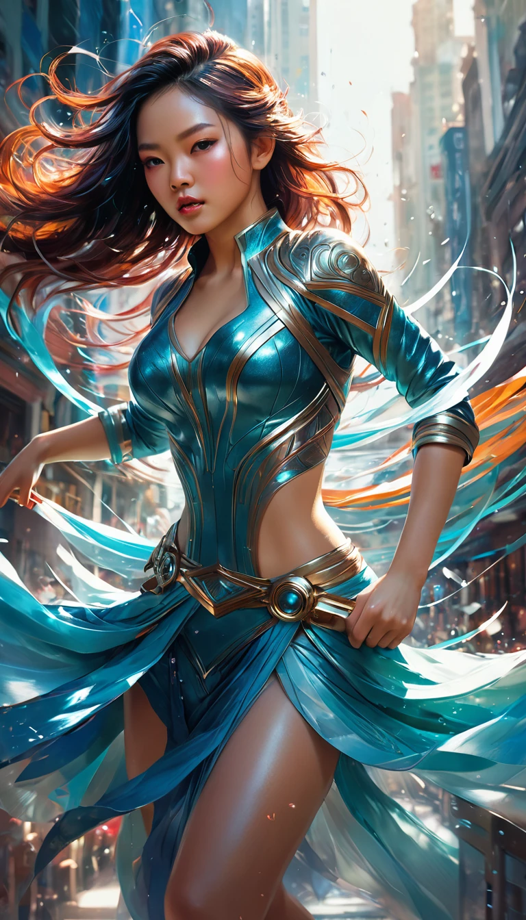 a digital painting of a beautiful woman sorcerer covered in splashing light multic olored , a hyperrealistic painting, figurative art, in multicolored paint, multicolored light, character is covered in light, fantasy art ,dynamic pose, medium long shot, lighting clear and soft effect ,muted background