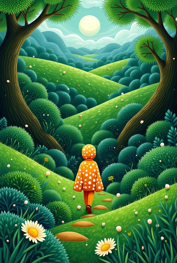 cute，Cartoon Art，Yayoi Kusama，Dot Art，Polka Dots，Dot，Painting of a person walking through a green meadow, Walk through dense forests, On a leafy planet, Among the leaves, Lush forest, Green hills