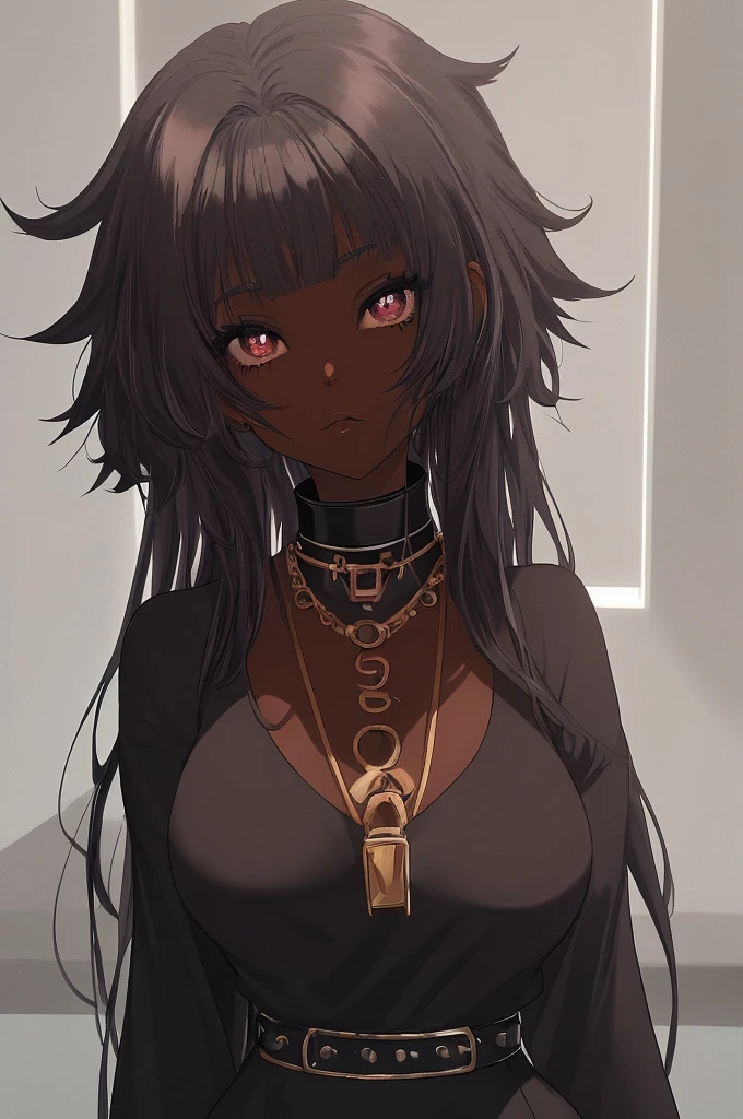 Masterpiece, high quality, (brown skin girl), goth, portrait, naked, piercings, bedroom background, moles on face, black eyes, vivid colors, studio lighting, boobs