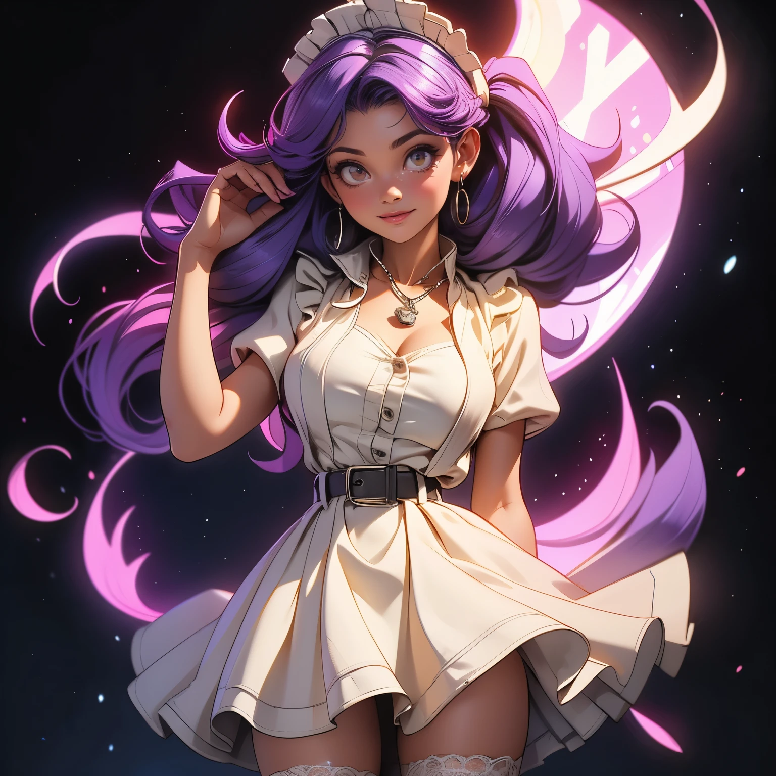 (masterpiece), best quality, 1girl, expressive eyes, perfect face, (purple hair), perfect anatomy, full body, 4k, HDR, full HD, solo, she is wearing maid's clothes, her skirt is short, her blouse is fitted and tight, she wears a V-neckline, her hair is in two pigtails, she wears white stockings under her skirt,